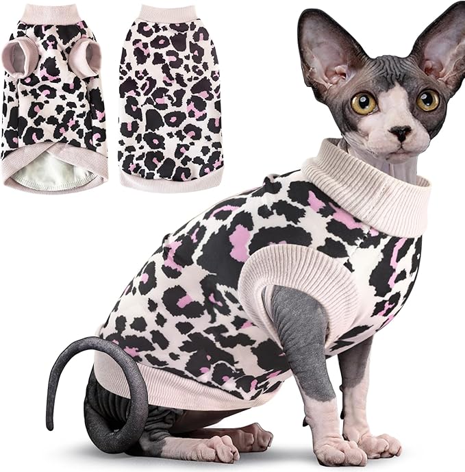 Idepet Cat Clothes Kitten Sweater Soft Kitten Shirt Cute Leopard Print Kitty Vest Pullover Pajamas Jumpsuit Cotton Apparel for Hairless Cats & Puppy (Pink,XL)