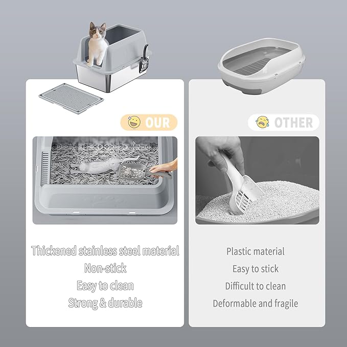 Stainless Steel Litter Box,Large Cat Litter Box with Cat Litter Mat,23.62 L×15.75 W×13.78 H,Heightened Fence Design,Easy to Clean, Odor-Free,Pet Toilet Supplies Wite Shovel