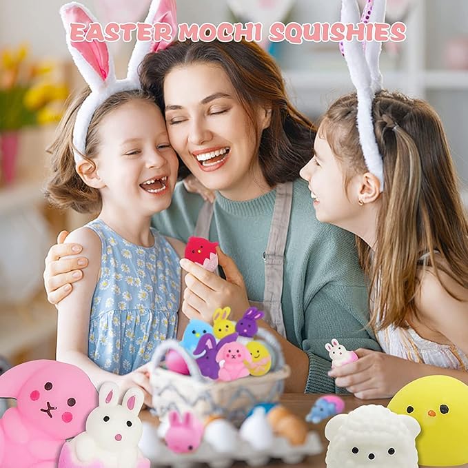 24Pcs Easter Mochi Squishy Toys Stress Relief Squishies for Kids Boys Girls Toddlers Easter Basket Stuffers Egg Fillers Gifts Party Favors