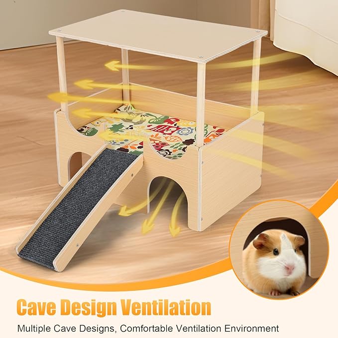 Guinea Pig Hideout Castle 2 Tierd Sturdy Wooden Hamster Castle Detachable Guinea Pig Hideout House with Ramp and Cushion Small Animal House Hut Habitats for Chinchillas Playing Hiding (Double Decker)