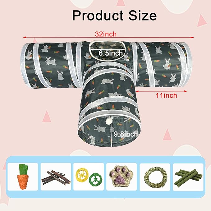 LUCKITTY Rabbit Tunnel Toy, Collapsible 3-Way Hideout Tunnel with Chew Toys for Rabbits, Guinea Pigs, Ferrets, Kittens & Small Pets - Gray & White Bunny Carrot Design Hideout (33"x20"x9.5")