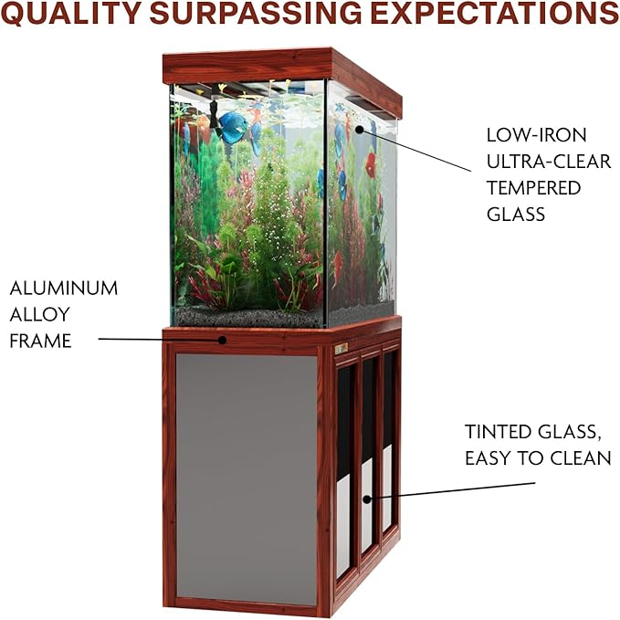 135 Gallon Aquarium Fish Tank with Upright Fishtank Stand Water Pump Freshwater Filter LED Bundle and Straight Corners Clear Glass - All Red