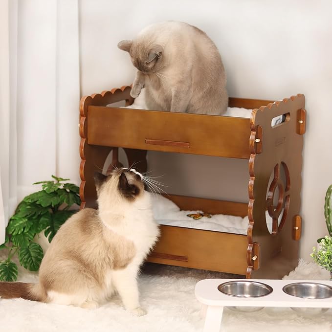 Wooden Cat Bed,Elevated Cat Bed Furniture,Cat Bunk Beds for 2 Indoor Cats,Wood Cat Condo with Mattress,Protect Cat's Hip Joint,All Seasons,Sturdy and Durable(19.7"x15"x19.2",Brown)