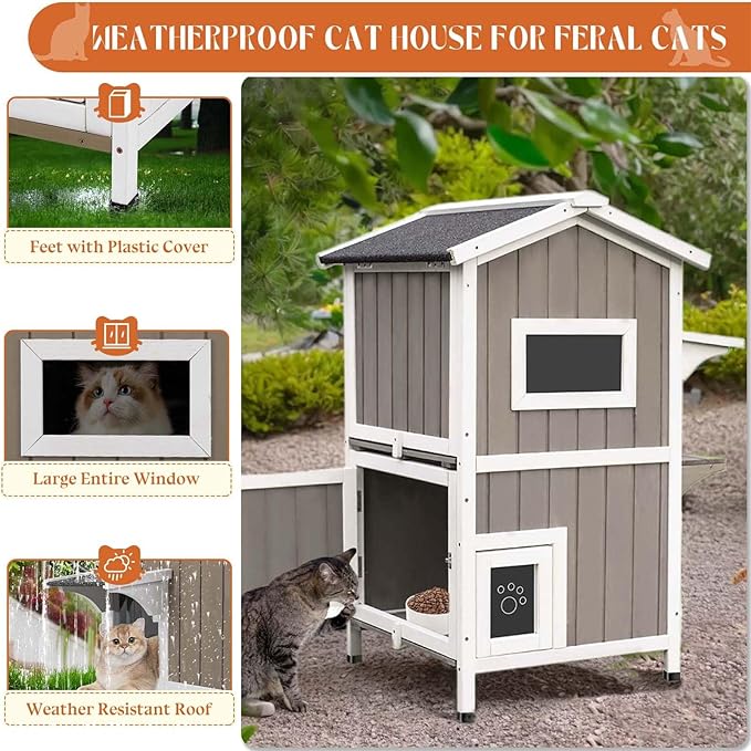 Outdoor Cat House Weatherproof Cats Shelter for Feral Kitten Pet Houses for 1-2 Small Animlas 2 Story Wooden Houses for Indoor Outdoor Cats with Escape Doors (23.5" L x 27" W x 38" H Grey)