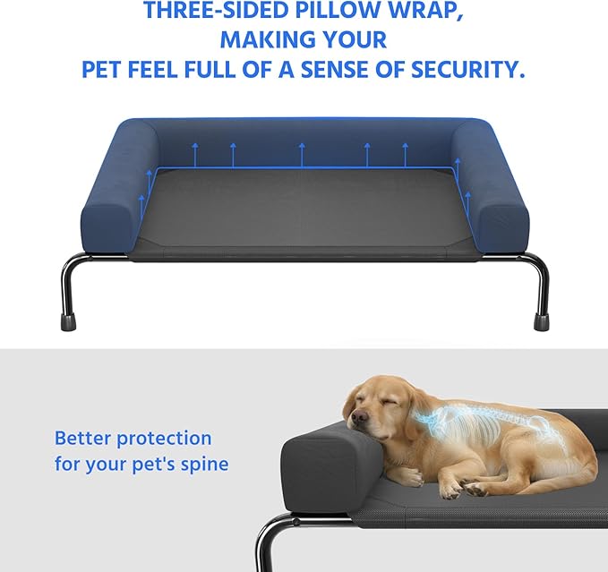 Simple Trending Elevated Dog Bed for Large Dogs, Cooling Raised Dog Cot with Bolsters, Breathable Pet Bed for Outdoor, 47.75" x 31", Black