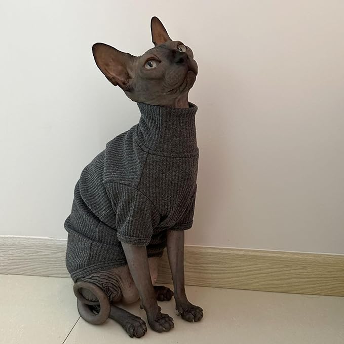 Sphynx Cats Shirt Cat Turtleneck Cotton Sweater Pullover Kitten T-Shirts with Sleeves Cat Pajamas Jumpsuit for Sphynx Cornish Rex, Devon Rex, Peterbald (Small, Deep Grey)