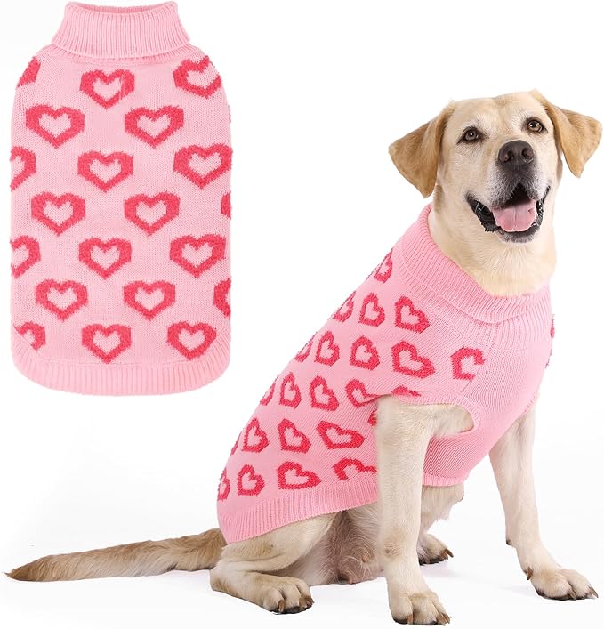 KOOLTAIL Dog Sweater, Cold Weather Dogs Knitted Sweater Turtleneck Pullover，Fall Pet Sweater with Heart Patterns，Winter Clothes for Small Medium Large Dogs Cat Boy Girl Pink L