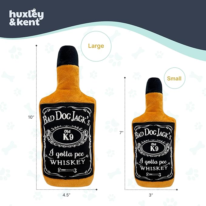 Huxley & Kent Funny Dog Toys w/Squeaker & Crinkl -Stimulating & Interactive Chew Toy for Dogs - Mesh Lined Stuffed Doggie Toy - Easy to Clean Doggie Toys for All Breeds (Bad Dog Jack's Whiskey,Small)