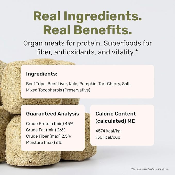 Superfood Nuggets- Premium, Freeze-Dried raw Dog Food Topper or Treat. Powerful Nutrient-Dense Ingredients. No Artificial additives. Beef Tripe and Kale Formula 8oz - 4pk Bundle