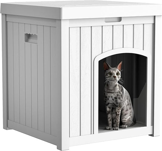 Outdoor Cat House for Winter Waterproof, Outside Multiple Feral Kitty Cat Houses, Outdoor Cat Litter Box Enclosure Weatherproof, Small Medium Dogs House, Durable Resin Plastic, White