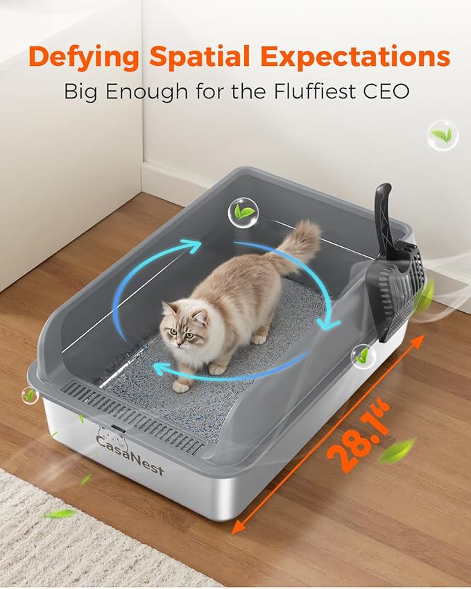 XXXL Stainless Steel Cat Litter Box with Lid 28.1''×20.5''× 10.1” Extra Large Metal Cat Litter Box for Big, Multi Cats, Anti-Leakage & Non-Stick Metal Pan, Easy to Clean, Durable (Dark Grey