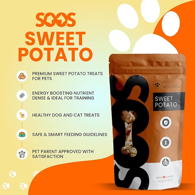SOOS Natural Sweet Potato Treats for Dogs & Cats - High Moisture, Grain Free, Vitamin Minerals, Fiber, Healthy Training Treats - 113g