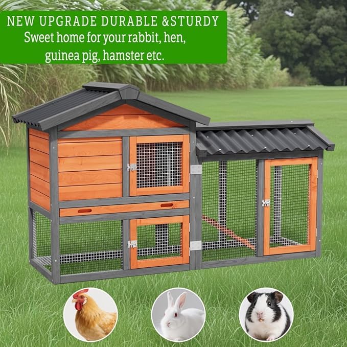 Chicken Coop,Wooden Duck House Outdoor Indoor,Hen House Poultry Quail Cage with Waterproof, Run, Elevated Retreat, Ramp, Door (Brown)