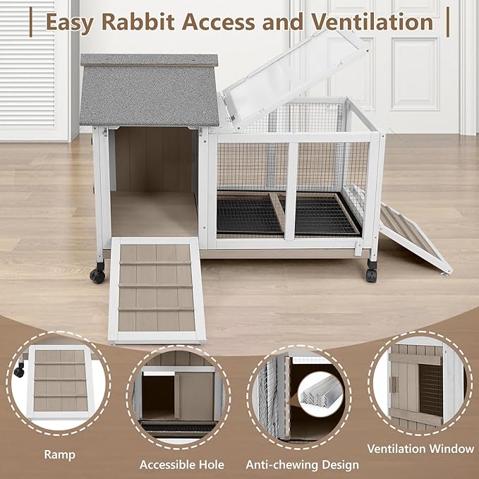 38''L Small Rabbit Hutch Outdoor Indoor with Wheels, Wooden Expandable 2 Story Bunny House Rabbit Cage with Run, Waterproof Roof, Pull Out Tray, Guinea Pig Cage Chicken Coop for Small to Medium Pets