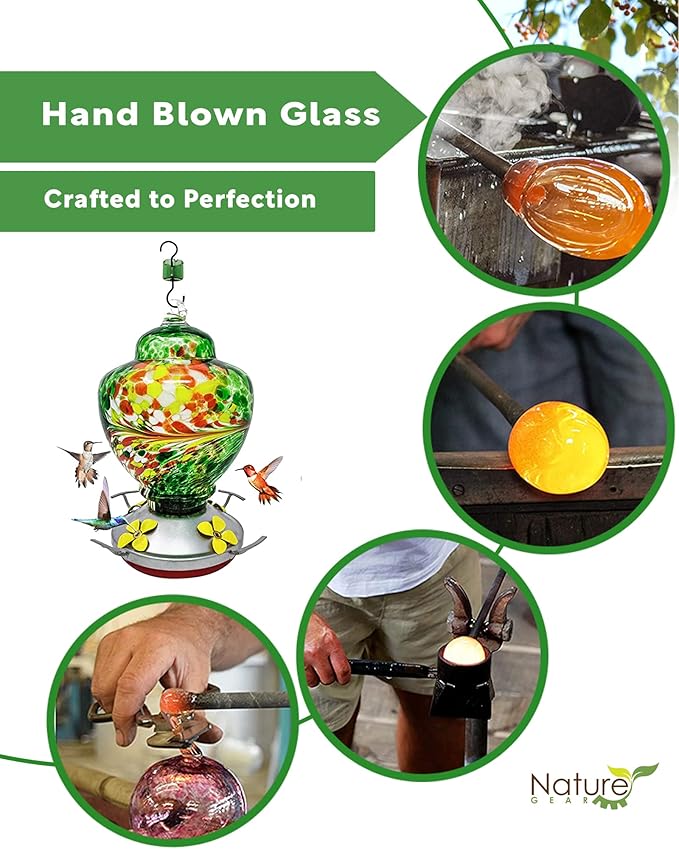 Nature Gear Hummingbird Feeder, Hanging-Mount Glass Hummingbird Feeders for Outdoors, Hand-Blown Glass Feeder with Ant Moat for Garden Hummingbirds, Easy to Clean & Rust Resistant, Emerald Green