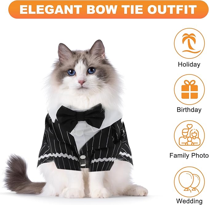 Cat Apparel, Stylish Tuxedo Outfit for Kitty with Tie, Black Stripes Pet Outfits for Wedding, Birthday, Party, Small