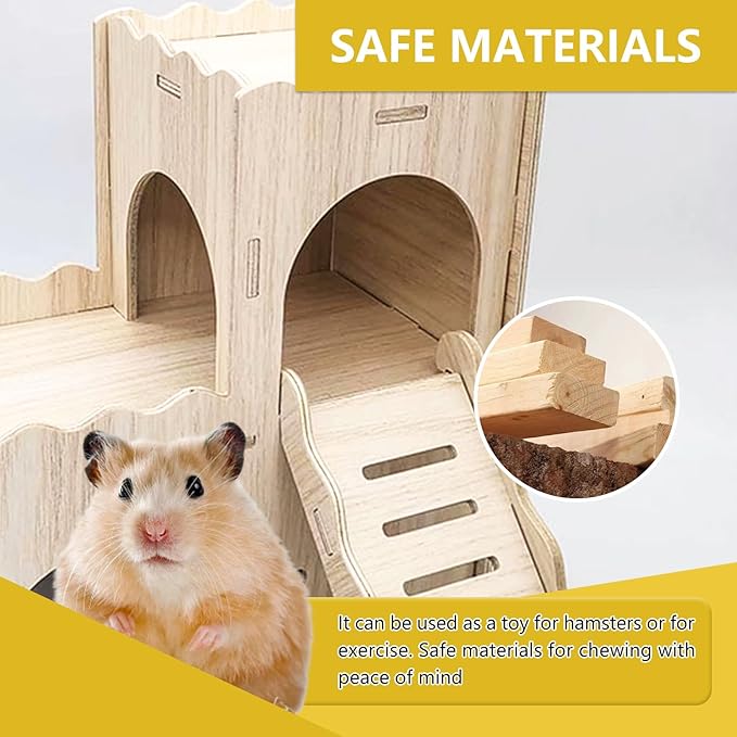 Large Wooden Hamster House Castle with Double Decker,Large Hamster, Wooden Houses,Dwarf Habitat Hideout with Climbing Ladder, Guinea Pig Castle Detachable Hideouts(D)