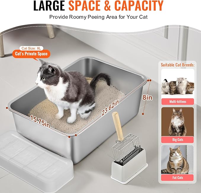 VEVOR 8'' Deep Stainless Steel Cat Litter Box,3 Pack XL Extra Large Metal Cat Litter Box for Big Cats,Non Sticky,Odor-Free &Easy-to-Clean,Include Filtering Foot Board & Scoop
