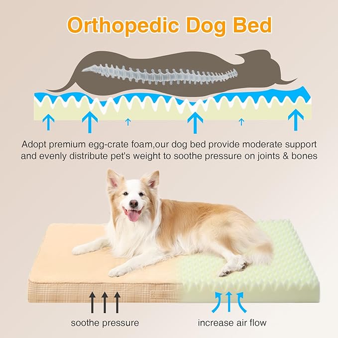MIHIKK Washable Orthopedic Dog Bed for Large Dogs, XXL Waterproof Pet Bed with Egg Crate Foam Strong Support, Machine Washable Cover & Anti-Slip Bottom & Durable Zipper 47x29(Light Brown)