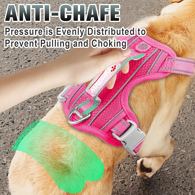 BARKBAY No Pull Dog Harness Large Reflective Dog Harness with Front Clip and Easy Control Handle for Walking Training Running with ID tag Pocket(Pink,L)