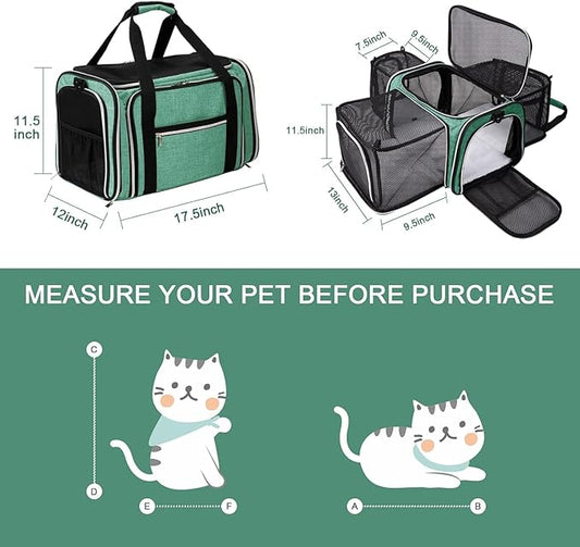 BAGLHER Expandable Cat Carrier with Travel Litter Box, Pet Travel 5 Sides Open Doors 3 Sides, Leak-Proof and Collapsible, for Car, Airplane Trip, Green