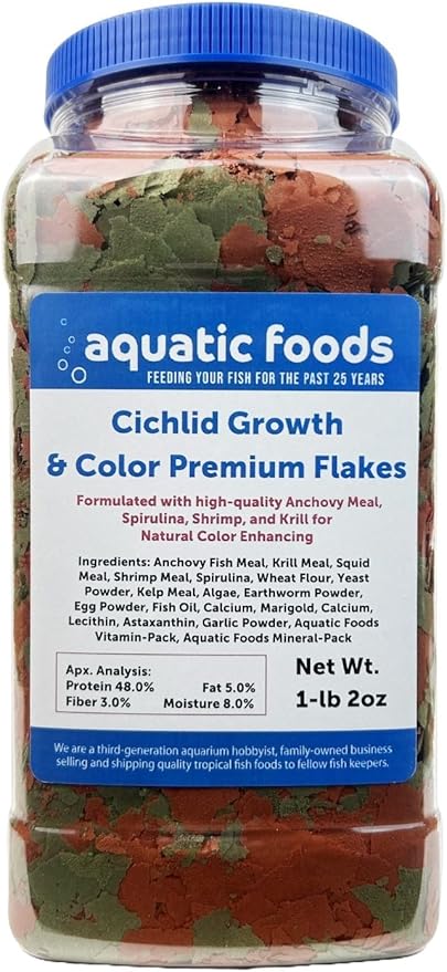 Aquatic Foods Inc. Cichlid Growth & Color Enhancing Flakes for Cichlids, Discus, All Tropicals. Aquatic Foods Premium Flakes…1-lb 2oz Lg Jar