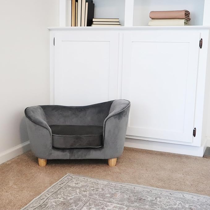CRITTER SITTERS 28-in. Faux-Velvet Gray Dog Bed for Small-Sized Dogs and Cats, Elegant Oval Dog Couch, Grey