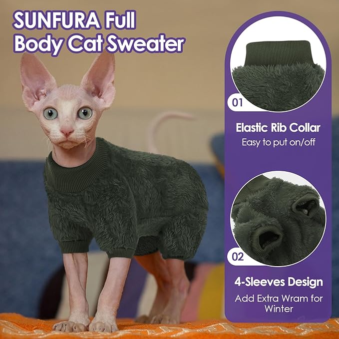 SUNFURA Sphynx Hairless Cat Sweater, Full Body Warm Fleece Sweaters with Sleeves for Cats, Soft Turtleneck Cat Clothes, Cozy Pullover Pajamas for Hairless Cats Devon, Donskoy, Army Green L