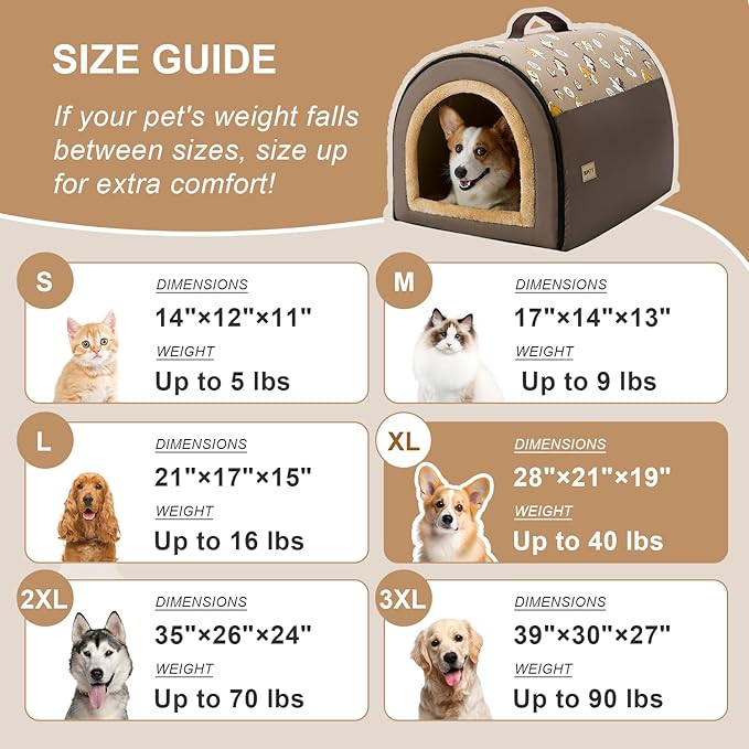 Jiupety Indoor Dog House, 2-in-1 Portable Foldable House Bed with Cover, Pet Tent & Cave Bed for Medium Dogs, XL(28"×21"×19"), Up to 40 Lb, Brown
