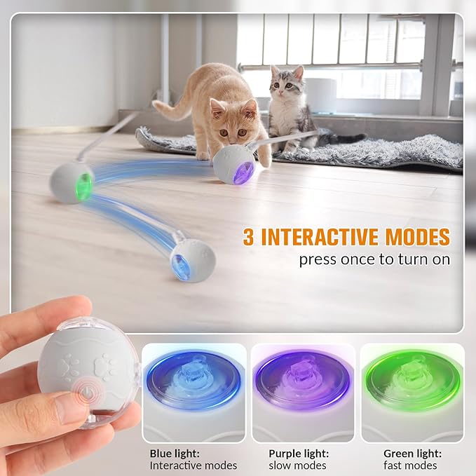 Interactive Cat Toys for Indoor,Automatic Moving Electric Rolling Pet Ball,Smart Teasing Toy for Kitty,3 Modes and USB Rechargeable,Tail 2.0 Cat Feather Toy Gray