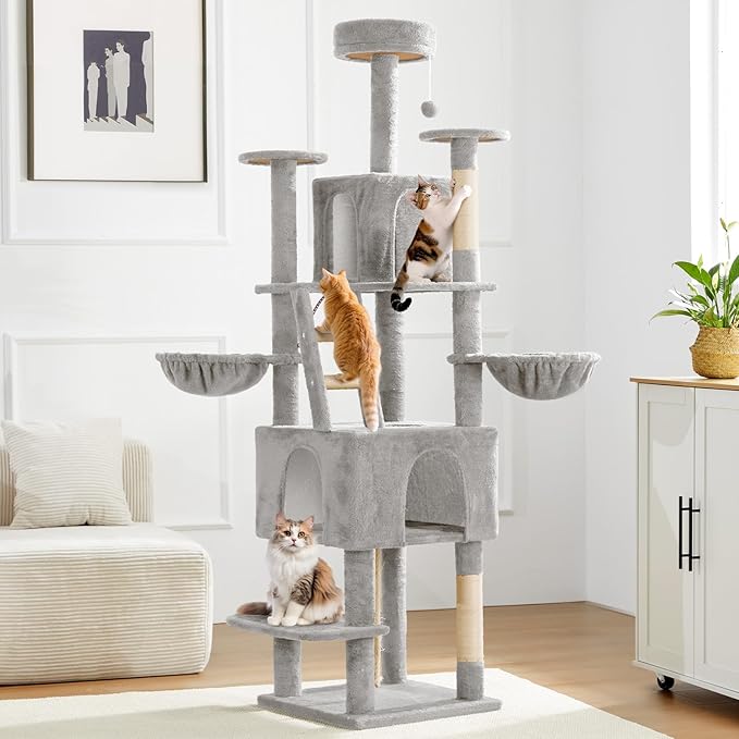 75.5" Cat Tree Tower for Indoor Cats Large Adult,Tall Modern Cat Tree for Big Cats, Plush Multi-Level Cat House Condos with Scratching Posts, Hammocks, Ladder (Light Grey)