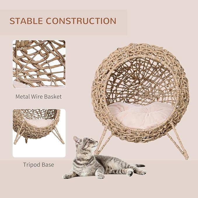 PawHut 20.5" Weaved Cat Bed, Elevated Hand-Woven Braided Banana Leaf Kitten House Condo with Cushion, Beige