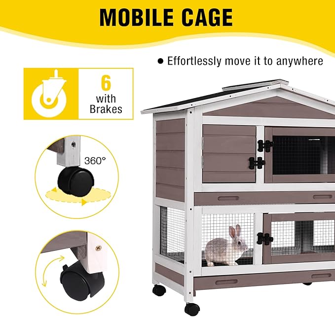Aivituvin Rabbit Hutch Indoor 2 Story Bunny Cage Outdoor Guinea Pig Cage with Caster Wheels Chicken Coop with Run, 3 Pull Out Tray (Brown&White)