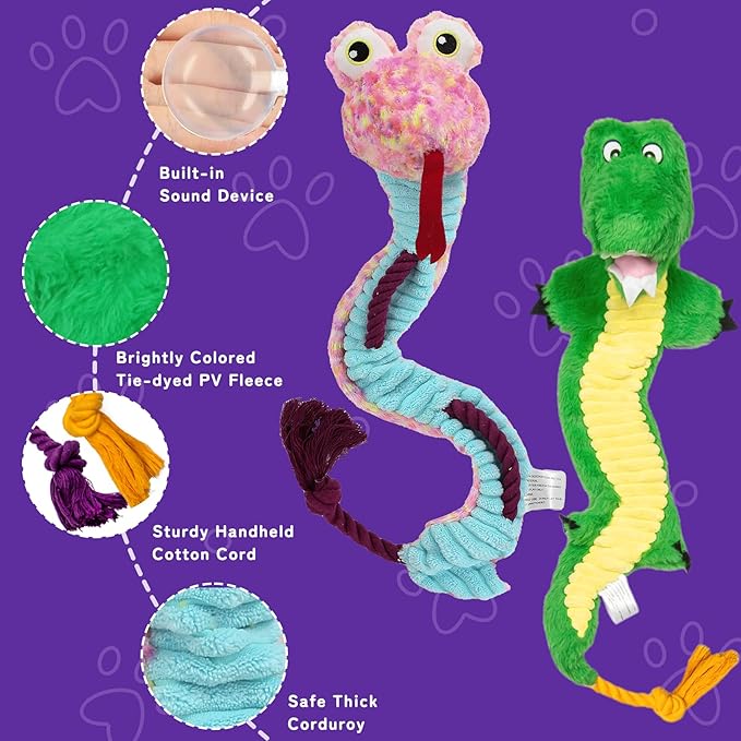 Crinkle Dog Toys Squeaky Plush No Stuffing Cute Puppy Stuffless Tough Rop Pull Toy, Fun Dog Stuffed Animals Durable Chew Set for Small Medium Large Pup (Large, Alligators+Snake)