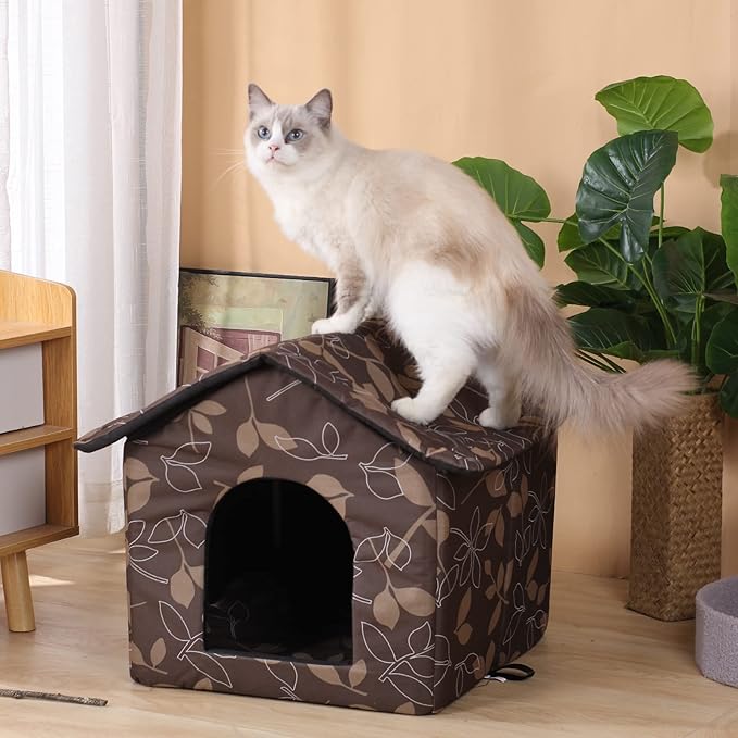 Cat Houses for Outdoor Cats, Weatherproof Outdoor House for Feral Cats, Warm Stable Stray Cats Shelter in Winter Brown Medium