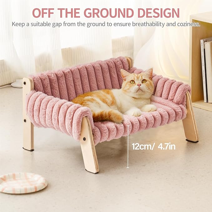MEWOOFUN Cat Couch Bed, Pet Sofa for Indoor Cats Wooden Indoor Elevated Cat Beds with Removable Mattress Cover Suitable for Kitty, Puppy or Small Animal (Pink, Medium)