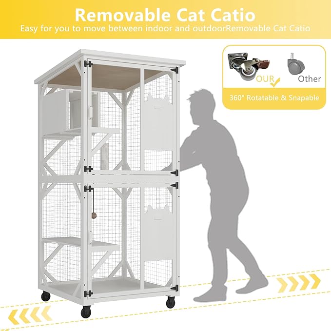 ROOMTEC Catio Outdoor Cat Enclosure - Large Wooden House with Roof, 71" H, 3 Jumping Platforms & 1 Napping House for Cats (White)