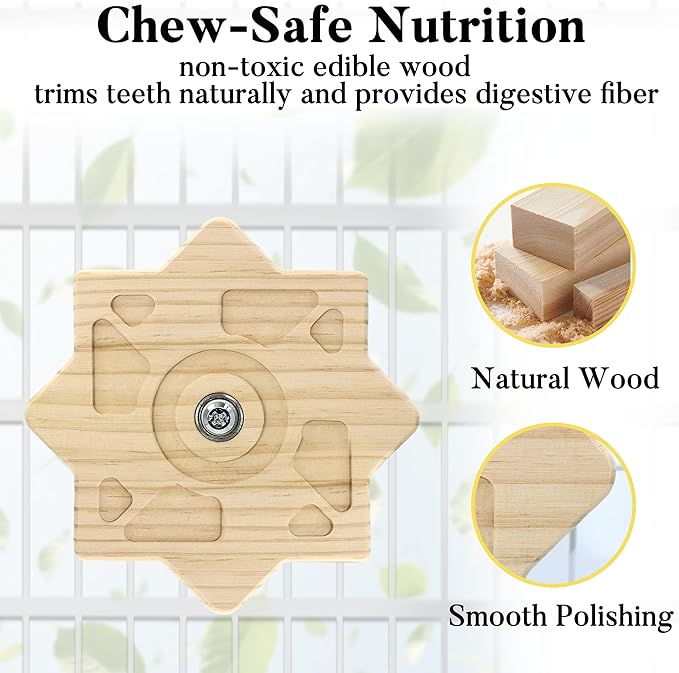 Rotating Natural Wood Chinchilla Chew Toys for Teeth, Interactive Enrichment Toys, Hanging Exercise Chinchilla Toys for Cage for Playtime, Spinner Cage Accessories Wheel (1pc Square)