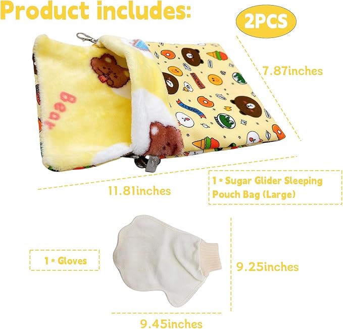 Sugar Gliders Sleeping Pouch Bag Hamster Cotton Hanging Flannel Warm Bed Hideout with Hooks Glove Small Pet Nest Bed for Squirrel Rat Hedgehog,Yellow
