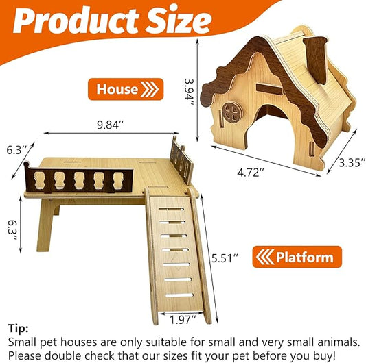 Hamiledyi Wooden Hamster Platform & House Mouse House with Climbing Ladder Cute Habitat Hut Hideout Small Animals Cage Accessories for Dwarf Hamster Mice Gerbil and Other Similar Sized Animals