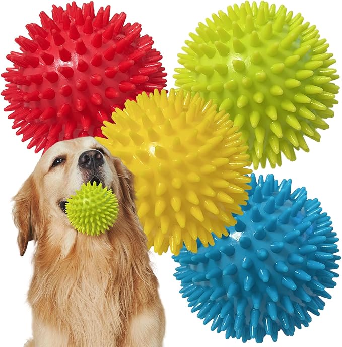 4.5” Heavy squeaky dog ball toys are suitable for medium and large dogs, Dog Chew Toys, Dog Toys for Aggressive Chewers, Spike Ball Toys for Clean Teeth and Training, Toys That Keep Dogs Busy (4 Pack)