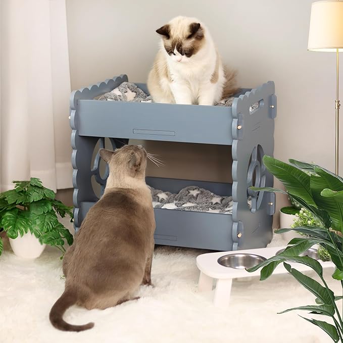 Cat Bunk Beds for 2 Indoor Cats,Double Raised Cat Bed,Elevated Cat Bed Furniture,Modern Cat Condo with Matress,Protect Cat's Hip Joint for All Seasons,Easy to Assemble(19.7“x15 x19.2,Grey)