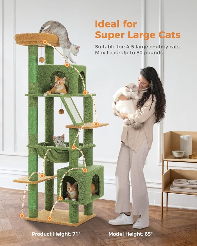 Cactus Tall Cat Tree 71" for Large Cat 20 lbs with Super Large Hammock, Heavy Duty Cat Tower with 4 Sisal Scratching Posts & 2 Spacious Condos for Big Adult Cats Maine Coon-Green