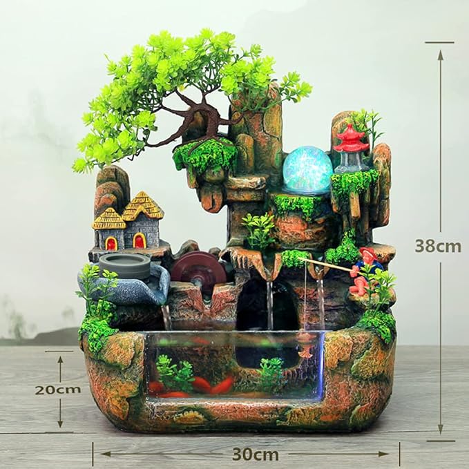 Tabletop Waterfall Fountain with Rockery, Mini Silent Indoor Ornament Desk Water Fountain Desktop Simulation Resin with Atomizer LED Small Fish Tank for Office Bedroom Home Decor Fisherman