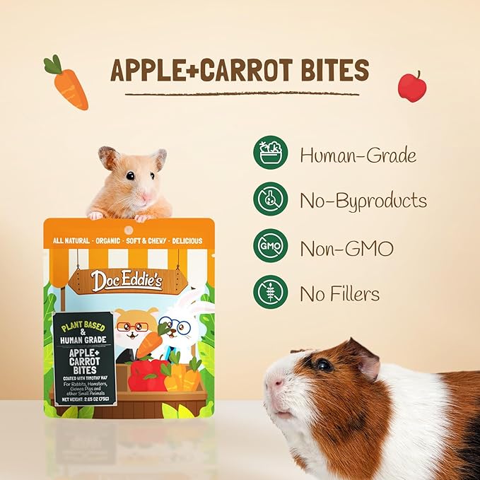 Doc Eddie’s Apples+Carrots Small Animal Soft & Chewy Treats or Snack for Hamster, Rabbit, Chinchilla, Bunny, Gerbil, Mouse, Rat, Hedgehog, or Squirrel - 2.65oz - Made w/Real Fruit, Organic Ingredients