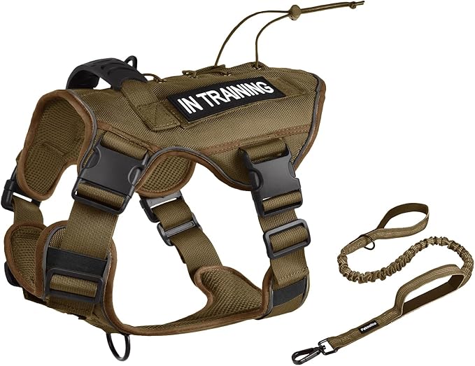 Petmolico Tactical Dog Harness with Leash, No Pull Dog Harness with Hook and Loop Panels for Hiking Training Military Service Dog Harness with Patches for Medium Dogs, Brown M