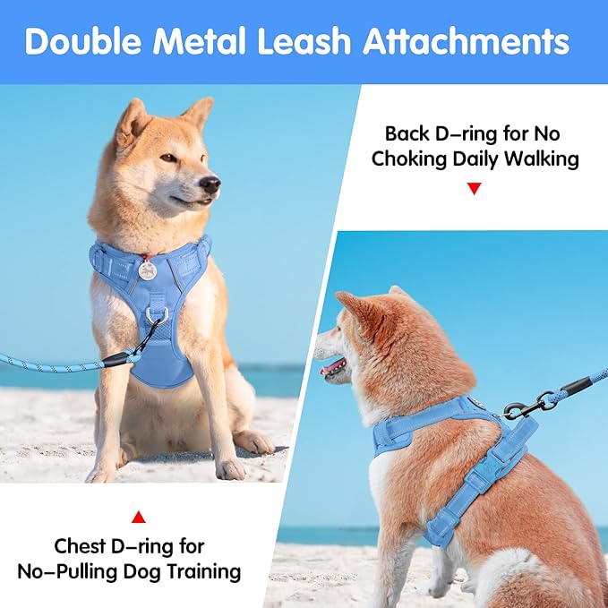 PoyPet No Pull Dog Harness and 5 Feet Leash Set, Release on Neck Reflective Adjustable Pet Vest, Front & Back 2 D-Ring and Soft Padded Pet Harness with Handle for Small to Large Dogs(Light Blue,XL)