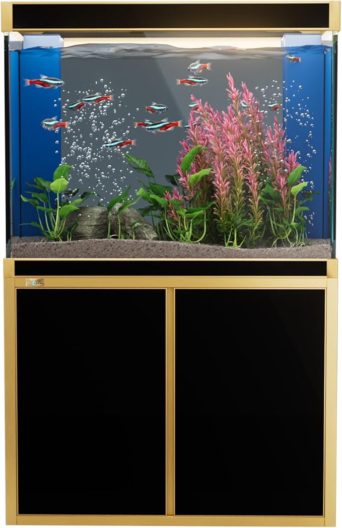 100 Gallon Aquarium Fish Tank with Upright Fishtank Stand Water Pump Freshwater Filter LED Bundle and Straight Corners Clear Glass - Black with Gold Trims