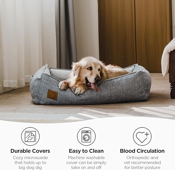 Orthopedic Dog Bed, Bolster Dog Sofa with Removable Cover, Cooling Pad Memory Foam Couch, Pain Relief Pet Bed (Grey, 40x31x11 inch)