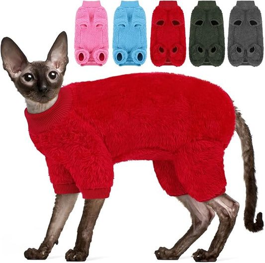 SUNFURA Sphynx Hairless Cat Sweater, Full Body Warm Fleece Sweaters with Sleeves for Cats, Soft Turtleneck Cat Clothes, Cozy Pullover Pajamas for Hairless Cats Devon, Donskoy & Small Dogs, Red XL